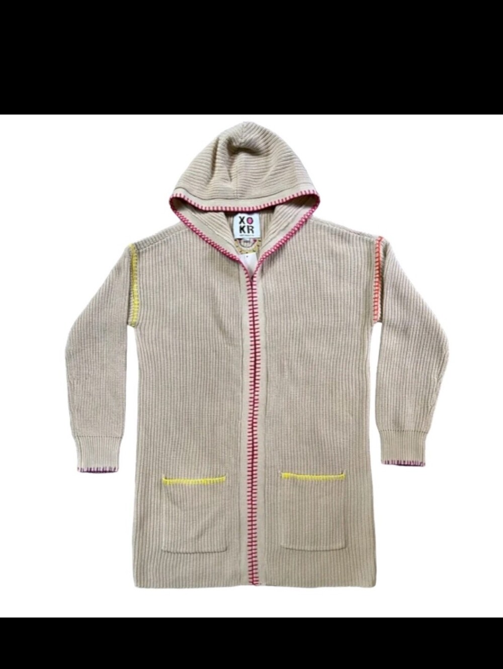 Anthropologie Kerri Rosenthal Beige Smiley Face Stitch Hooded Cardigan Med NWT
